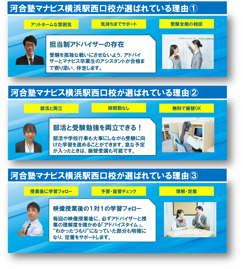部活や高校行事と両立できる映像授業と一人ひとり親身に指導するアドバイザーの存在。河合塾マナビス横浜駅西口校は多くの高校生に選ばれています。