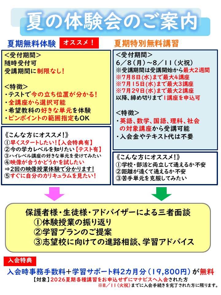 ◆夏の体験会受付中◆ 早期体験・入会特典付きの体験入塾をオススメします まずは校舎訪問からエントリーお願いします 校舎にてお申込みになりますので保護者様同伴でお越しください